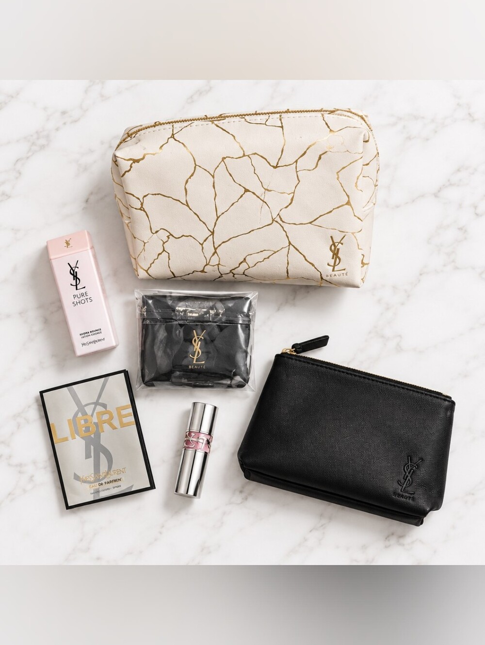 Beauty Yves Saint Laurent White Marble Black Cosmetic Pouches Set With Mirror